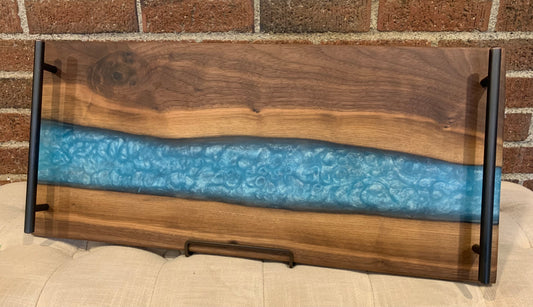 Live Edge Walnut + Light Blue Resin Serving Tray