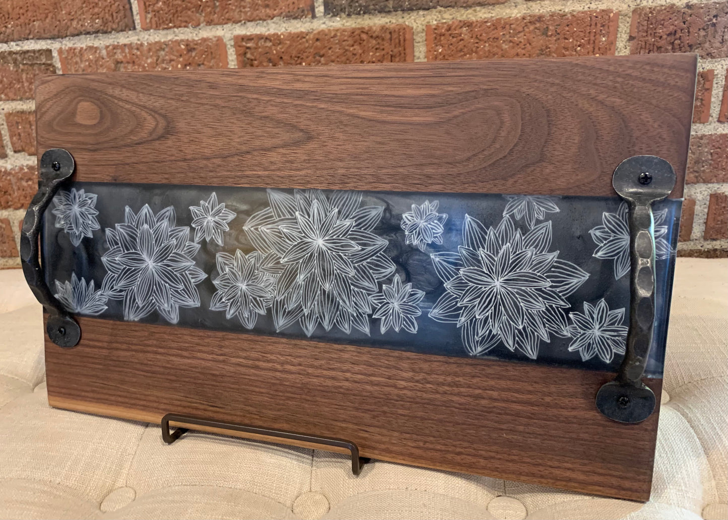 Walnut + Hand Drawn Flowers Resin Serving Tray